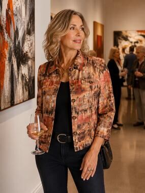 Chicos Metallic Orange Gold Abstract Blazer Jacket Artsy Boho Career Chic Large